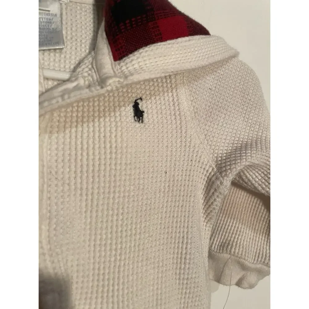 Ralph Lauren Cream‎ Waffle Jumpsuit 9 Month With Plaid Hood